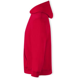 A red lightweight hooded kids sweatshirt with a side view, featuring a hood and a logo.