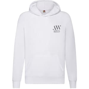 A white hooded sweatshirt featuring a kangaroo pocket and a logo on the front.