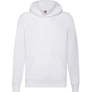 A white hooded sweatshirt for kids with a front pocket and a logo. Suitable as a lightweight jumper.