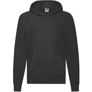 A black lightweight hooded sweatshirt for kids with a front pocket and a logo on the label.