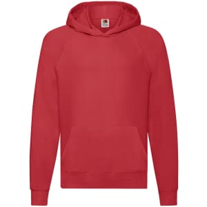 A red lightweight hooded sweatshirt with a front pocket and a logo. It features raglan sleeves.