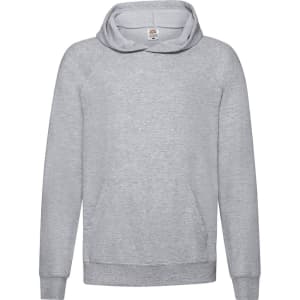 A lightweight grey hooded sweatshirt for kids with a kangaroo pocket and a hood, featuring a logo.