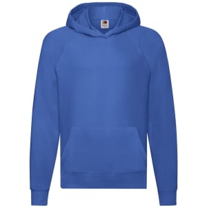A blue lightweight hooded sweatshirt with a front pocket and a logo on the label.