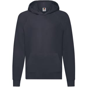 A lightweight kids' sweatshirt in navy blue with a hood and front pocket, featuring a logo.
