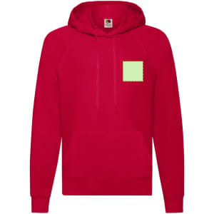 A red hooded sweatshirt with a front pouch pocket and a small square patch in a light colour.