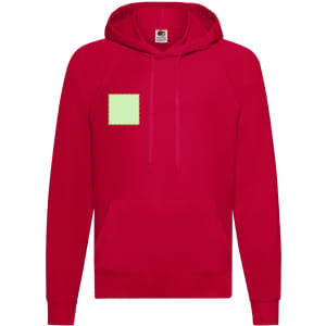 A red lightweight hooded sweatshirt for kids with a green patch on the front and a kangaroo pocket.