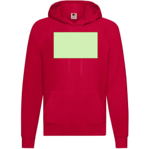 A red hooded sweatshirt for kids featuring a front pocket and a blank space for customisation.