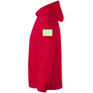 A red lightweight hooded sweatshirt for kids featuring a pocket on the left sleeve and a blank area for branding.