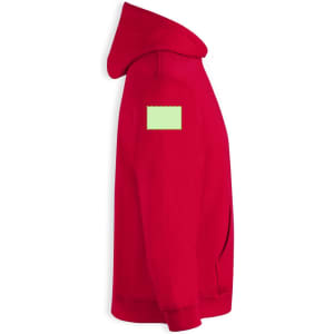 A red lightweight hooded sweatshirt for kids, featuring a logo on the sleeve and a front pocket.