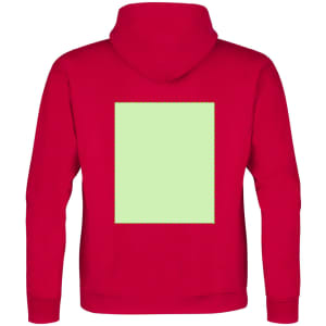 A red hooded sweatshirt with a blank green square on the back and a hood. Features a logo on the front.