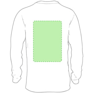 A white lightweight hooded kids sweatshirt with a plain green rectangular area on the back.
