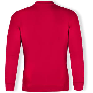A red adult sweatshirt with a simple design, featuring a crew neck and long sleeves. It has a logo on the back.