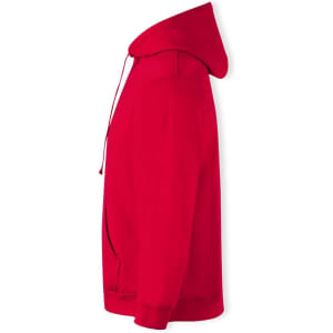 A red adult hooded sweatshirt with a front pocket and drawstrings, featuring a logo on the front.