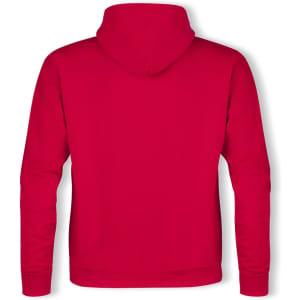 A red adult hooded sweatshirt with a plain back, featuring a hood and long sleeves. It has a logo.