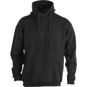 A black adult hooded sweatshirt with a front pocket and adjustable drawstrings. It has a logo on the arm.