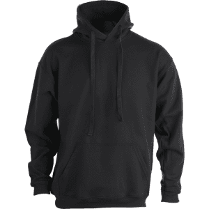 A black adult hooded sweatshirt featuring a front pocket and a drawstring hood. It has a logo on it.
