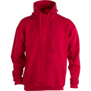 A red adult hooded sweatshirt with a front pocket and a logo. It features a classic design.