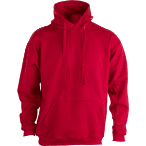A red hooded sweatshirt featuring a front pocket and a hood. The garment includes a logo.