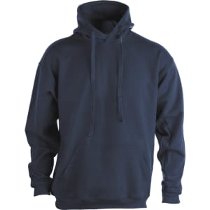 A navy blue adult hooded sweatshirt with a front pocket and an attached hood. It features a logo.