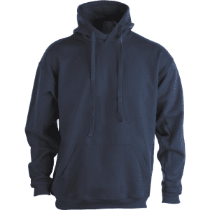 A navy blue adult hooded sweatshirt with a front pocket and a drawstring hood. Features a logo.