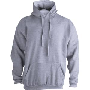 A grey adult hooded sweatshirt featuring a front kangaroo pocket and a logo. Ideal for casual wear.