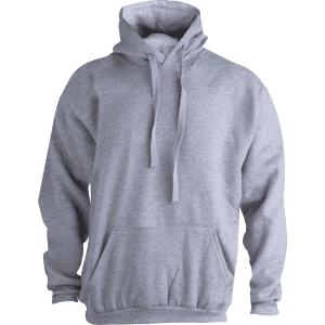 A grey adult hooded sweatshirt, featuring a front pocket and a drawstring hood. It has a logo on the front.