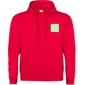 A red adult hooded sweatshirt with a front pocket and a green square patch. It has a logo on the chest area.