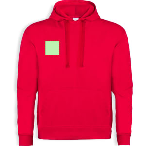 A red adult hooded sweatshirt with a front pocket and a logo on the chest area.