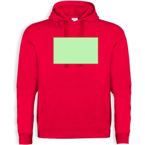 A red hoodie featuring a central blank area, with a front kangaroo pocket and drawstring hood. It has a logo.