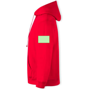 A red adult hooded sweatshirt featuring a green patch on the sleeve. It has a large hood and front pockets.