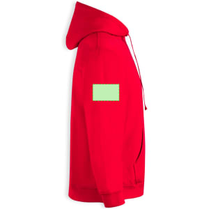 A red adult hooded sweatshirt with a logo on the sleeve and kangaroo pockets in a side view.