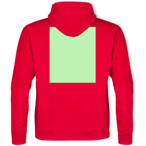 A red adult hooded sweatshirt with a green blank section on the back and a logo on the front.