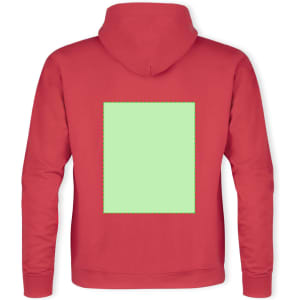A red hooded sweatshirt featuring a blank green square on the back, with a hoodie and front pouch pocket.