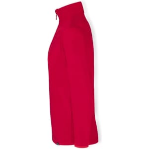 A red polar fleece jacket featuring a zip front and high collar, with a logo on the side.