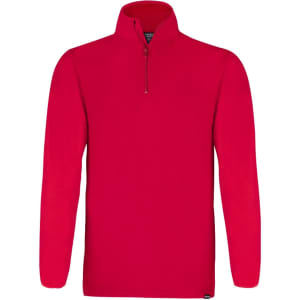 A red polar fleece jacket with a zip neck and long sleeves. It features a logo on the lower hem.