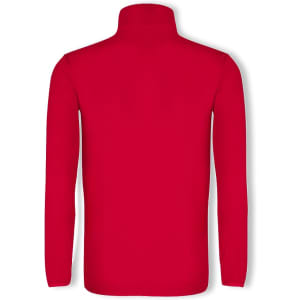 A red polar fleece jacket with long sleeves and a high collar, featuring a logo.
