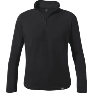 A black polar fleece jacket with a half-zip collar and long sleeves. It features a logo on the hem.