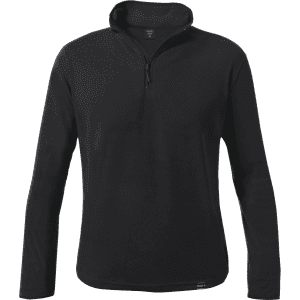 A black polar fleece jacket with a half-zip collar and long sleeves. It features a logo at the hem.