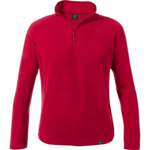 A red polar fleece jacket with a half zip collar and long sleeves, featuring a small logo on the hem.