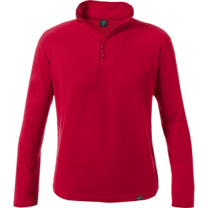 A red polar fleece jacket with a quarter-zip design and long sleeves, featuring a small logo.