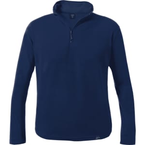 A navy blue polar fleece jacket featuring a half-zip collar and long sleeves. It has a logo on the hem.