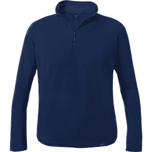 A navy blue polar fleece jacket with a quarter zip and long sleeves. It features a logo at the hem.