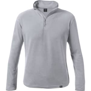 A grey polar fleece jacket with a half zip and long sleeves, featuring a small logo.