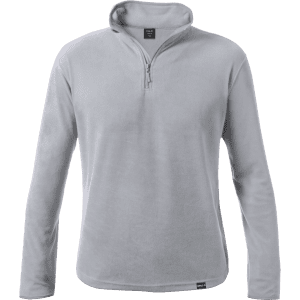 A light grey polar fleece jacket with a half-zip neck and long sleeves, featuring a logo on the hem.