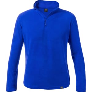 A blue polar fleece jacket featuring a quarter-zip design and long sleeves. It has a logo on the front.
