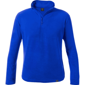 A bright blue polar fleece jacket with a zippered neck and long sleeves, featuring a small logo at the hem.