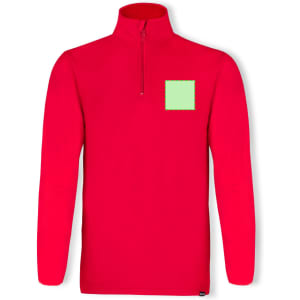 A red polar fleece jacket with a zip collar and a blank square patch on the front.