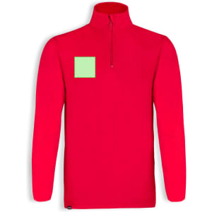 A red polar fleece jacket with a zip neck and a plain square patch on the front.