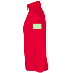 A red polar fleece jacket with a high collar and a patch on the sleeve. Features a logo on the side.