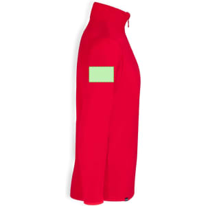 A red polar fleece jacket featuring a simple design and a logo on the sleeve.